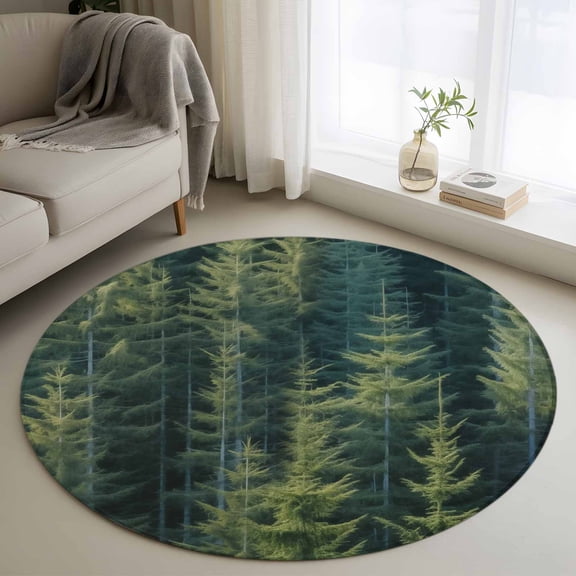 Summer Green Round Rugs for Living Room 3ft Pine Trees Forest Non Slip Circle Rug Washable Low-Profile Indoor Carpet for Bedroom, Dining Room, Bathroom