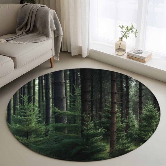 Summer Green Round Rugs for Living Room 4ft Forest Pine Trees Non Slip Circle Rug Washable Low-Profile Indoor Carpet for Bedroom, Dining Room, Bathroom