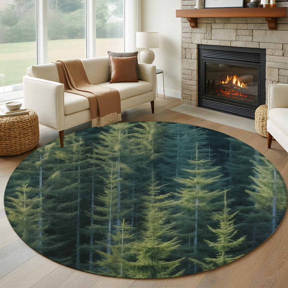 Summer Green Round Rugs for Living Room 6ft Pine Trees Forest Non Slip Circle Rug Washable Low-Profile Indoor Carpet for Bedroom, Dining Room, Bathroom