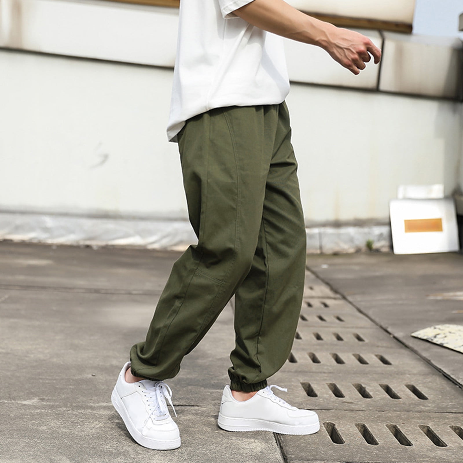 Summer Green Sweatpants Male Casual Solid Loose Pants Elastic Waist Pocket  Splice Pant Trousers