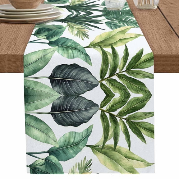 Summer Green Tropical Palm Leaves Table Runner-36 Inch Long Watercolor Plant Table Runners Linen Burlap Tablerunner for Kitchen Dining Room Holiday Party