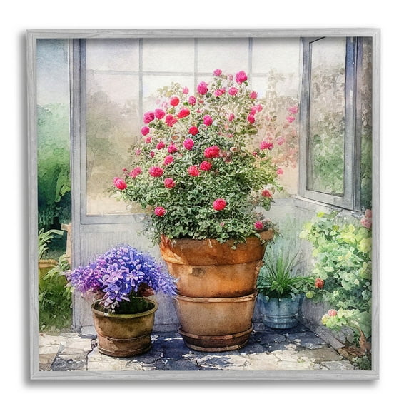 Summer Greenhouse Garden Blooms Botanical & Floral Painting Gray Framed Art Print Wall Art