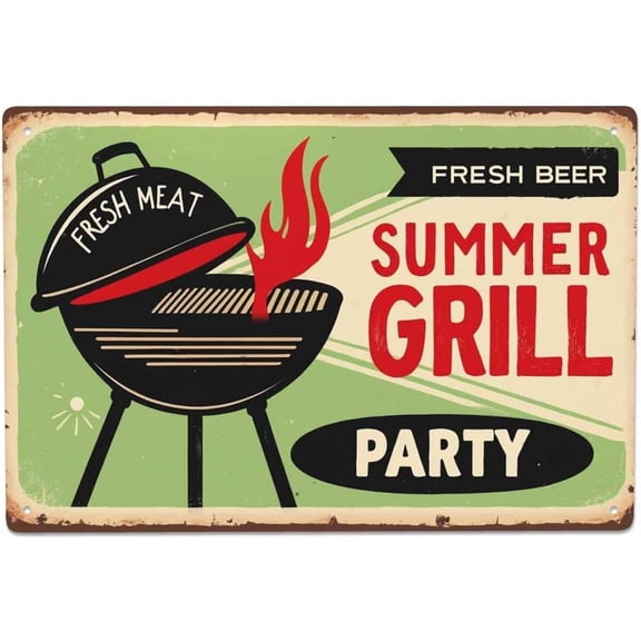 Summer Grill Tin Sign,Party Fresh Meat Bear Vintage for Cafes Bars Pubs Shop Wall Decorative Funny Retro Signs for Men Women 8x12 Inch Wall Decor Metal Tin Sign