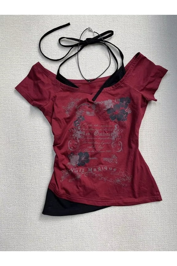 Summer Grunge Casual Female T-Shirts Patchwork Y2k Crop Top Subculture Tshirts Chic Vintage Harajuku V Neck Backless Tees Women