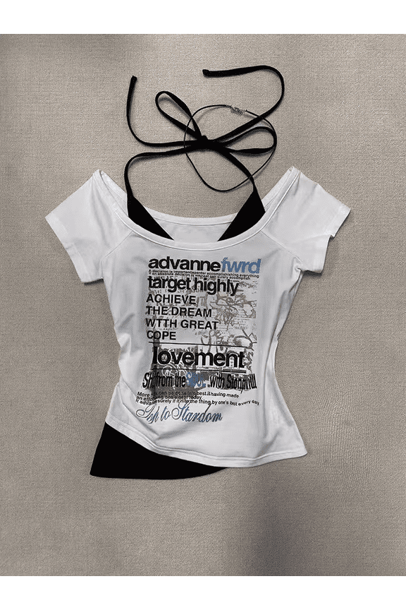 Summer Grunge Casual Female T-Shirts Patchwork Y2k Crop Top Subculture Tshirts Chic Vintage Harajuku V Neck Backless Tees Women