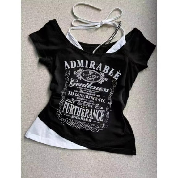 Summer Grunge Casual Female T-Shirts Patchwork Y2k Crop Top Subculture Tshirts Chic Vintage Harajuku V Neck Backless Tees Women