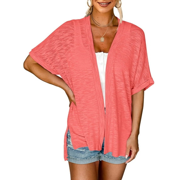 Summer Half Sleeve Cardigan for Women Trendy Solid Color Breathable Womens Spring And Summer Short SleevesＶ-NeckSolid Color Casual Cardigan Solid Color Cover Up(Red,L)