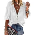 thumbnail image 1 of Summer Half Sleeve Women V-Neck Chiffon Blouse Female Zipper Casual Tops, 1 of 2