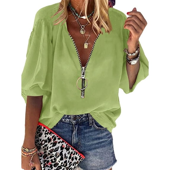 Summer Half Sleeve Women V-Neck Chiffon Blouse Female Zipper Casual Tops