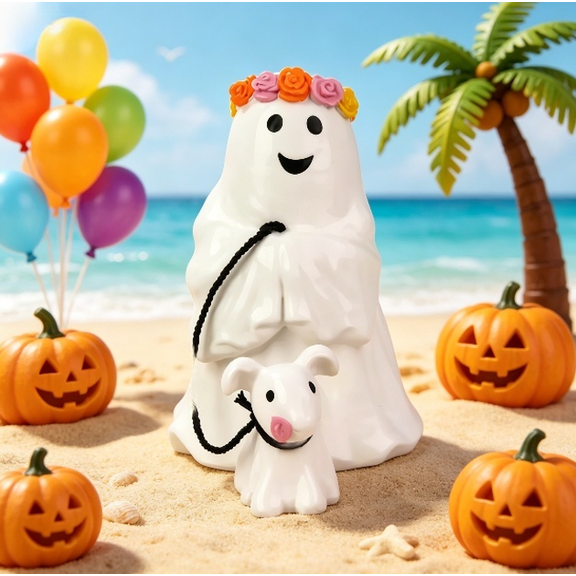Summer Halloween Ghost with Flower Crown Walking Dog Garden Tabletop Decor Lightweight Compact Size For Themed Parties Halloween Decor