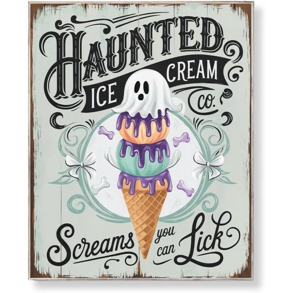 Summer Halloween Haunted Ice Cream Sign, Halloween Dessert Wall Art, Cute Screaming Ghost Cone, Retro Horror Kitchen Decor Metal Tin Sign 12x8 Inches