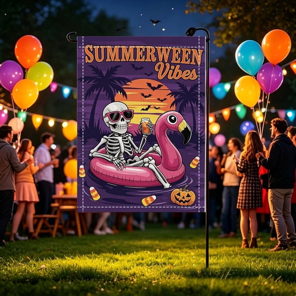 Summer Halloween Palm Tree Skeleton Flamingo 2D Printed Garden Flag, Kitchen Gardening Party Decor, No Flagpole, Halloween Gift