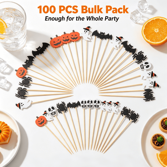 Summer Halloween Party Favors - 100 Wooden Picks for Appetizers & Cocktails, Perfect for Summerween Pool Party