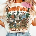 thumbnail image 1 of Summer Halloween tshirt, Trick or Tan Funny Halloween tshirt, Horror Characters tshirt, Halloween in Summer, Halloween tshirt, Summer tshirt, 1 of 5