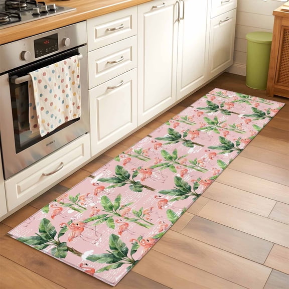 Summer Hallway Washable Runner Rug 2x6 Tropical Flamingos Palm Leaves Pink Letter Texture Kitchen Runner Mat with Non Slip Backing Low Pile Thin Floor Carpet for Indoor Bedroom Living Room