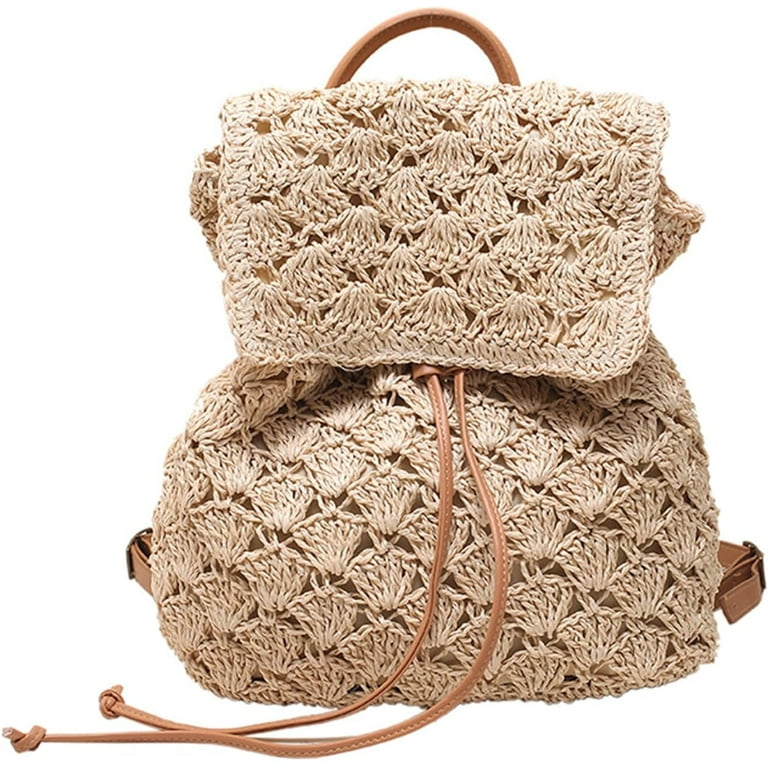 Summer Handmade Woven Crochet Straw Backpack Flap Drawstring Boho Backpack Purse for Women Vacation Beige Walmart