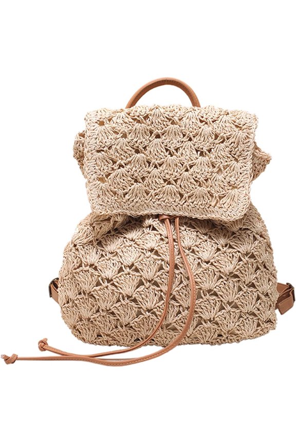 Summer Handmade Woven Crochet Straw Backpack Flap Drawstring Boho Backpack Purse for Women Vacation (Beige)