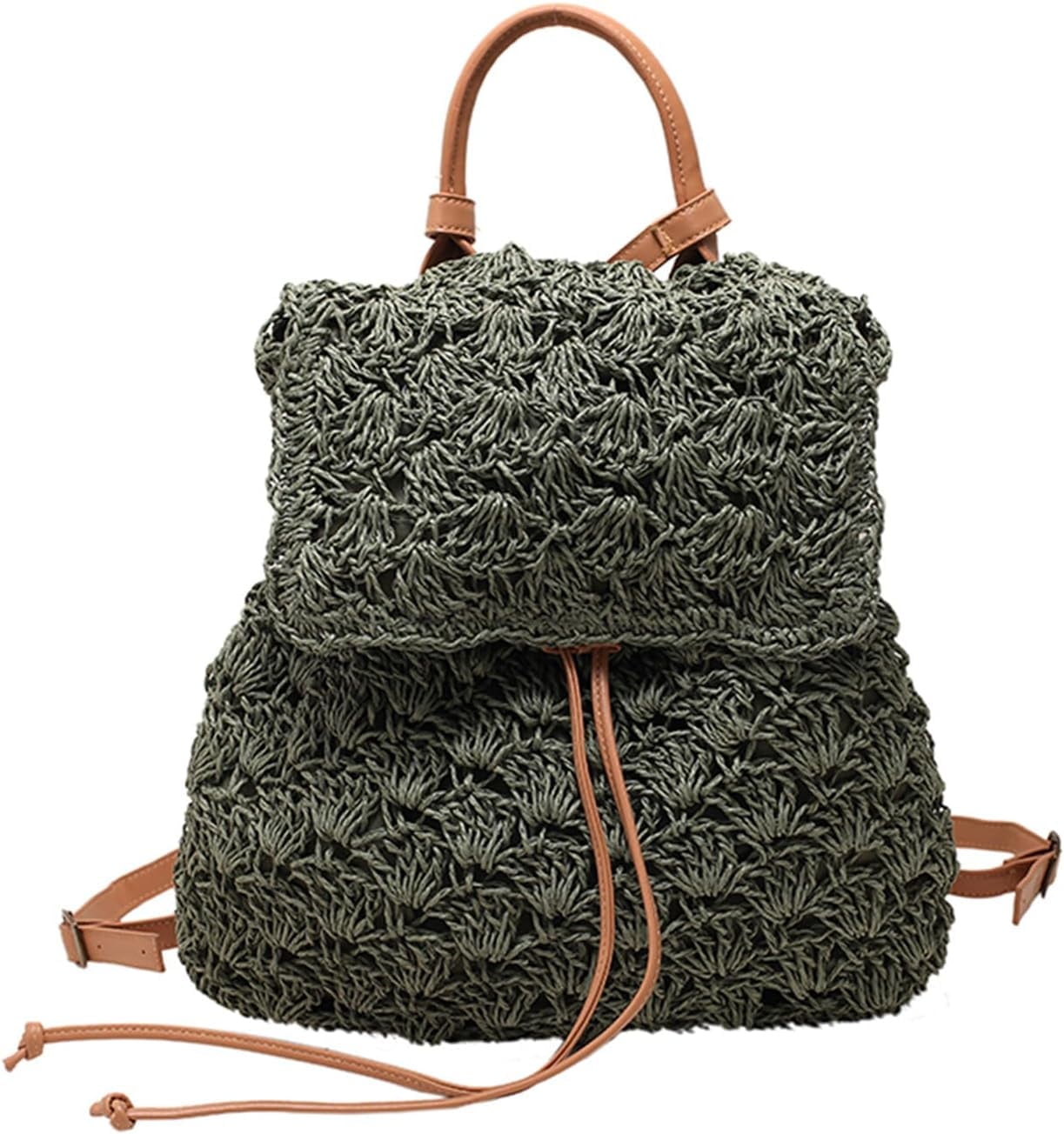 Summer Handmade Woven Crochet Straw Backpack Flap Drawstring  display picture 2