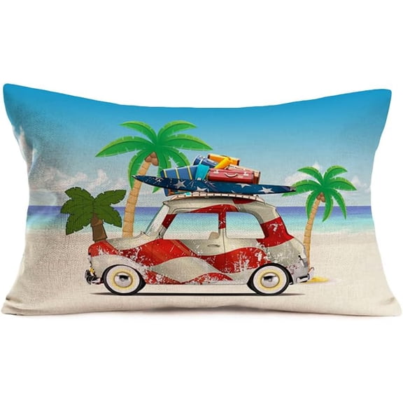 Summer Happy Camping Outdoor Throw Pillow Cover Vintage Car Hawaii Beach Coastal Theme Pillows Cover 12x20 Inch Cotton Linen Lumbar Rectangle Oblong Pillow Case for Sofa (Camping, 12x20 Inch)