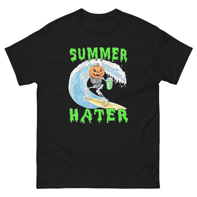Summer Hater T-Shirt, Pumpkin Skeleton Surfing Graphic Tee, Spooky Summer Humor Shirt