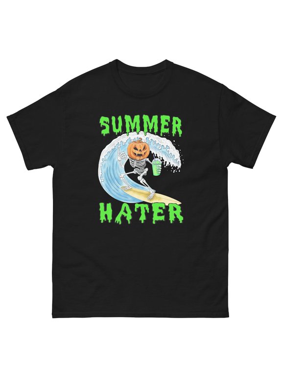 Summer Hater T-Shirt, Pumpkin Skeleton Surfing Graphic Tee, Spooky Summer Humor Shirt