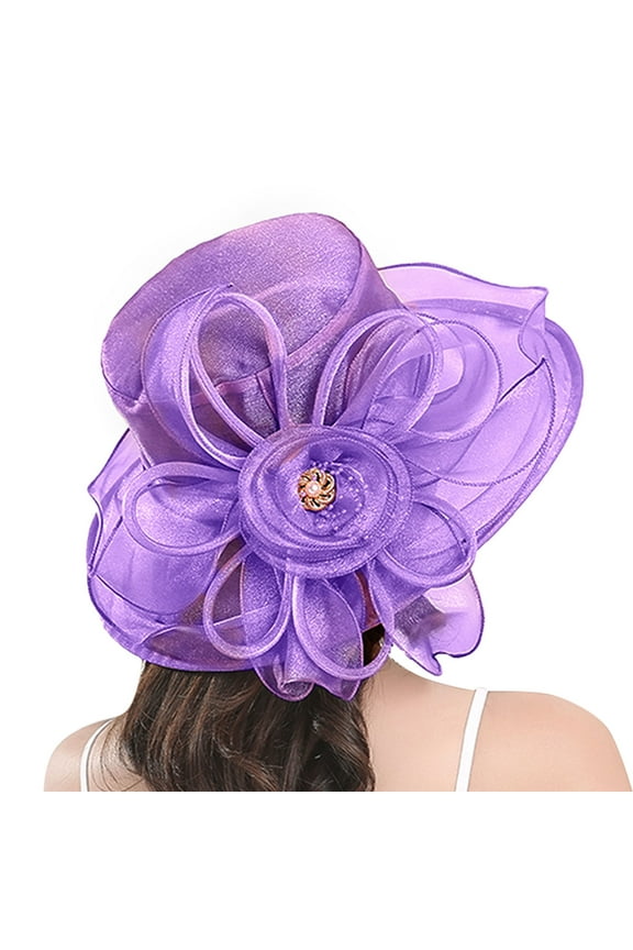 Summer Hats for Women 2025, Audhol Organza Church Fascinator Wedding Tea Party Derby Hats for Women Flower Wide Brim Sun Hat Horse Race Hats for Women Purple One Size