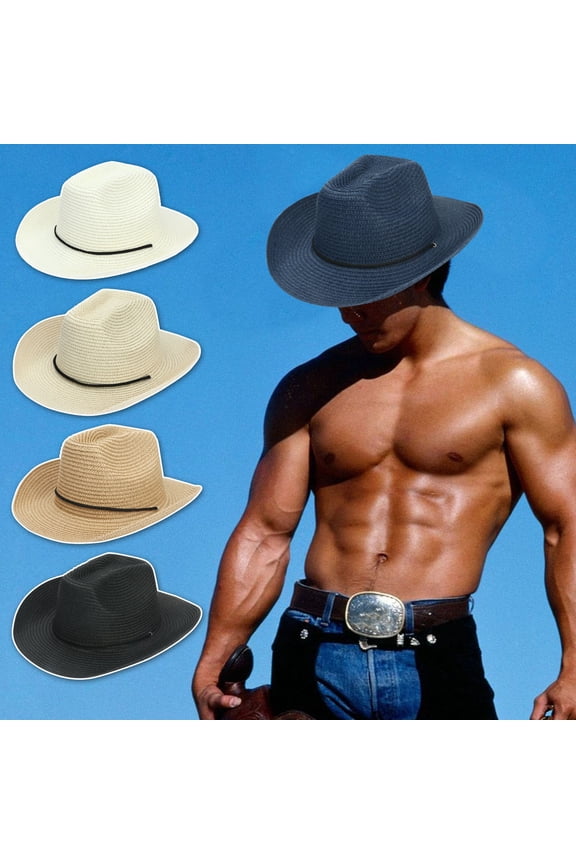 Summer Hats for Women Men Summer Western Cowboy Straw Hat Solid Drawstring Sunscreen Beige One Size