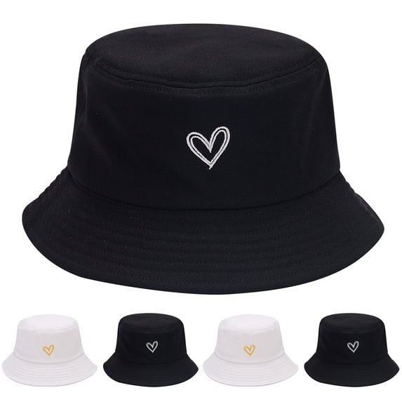 Summer Hats for Women Unisex Heart Embroidered Cotton Bucket Hat Outdoor Sun Fishing Black M