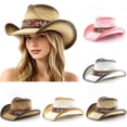 thumbnail image 1 of Summer Hats for Women Women Bohemian Wide Brim Straw Cowboy Hat Lightweight Summer Pink One Size, 1 of 5