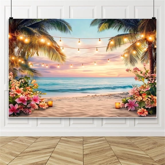 Summer Hawaii Beach Backdrop Summer Ocean Sunset Seaside Scenery Background Tropical Flower Palm Tree Aloha Wedding Birthday Party Decorations Banner Photo Booth Props