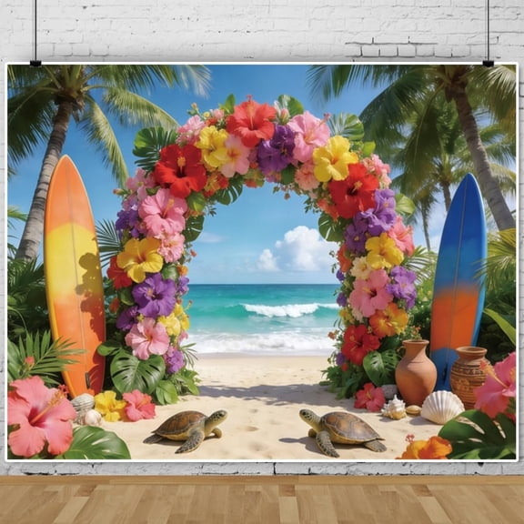 Summer Hawaiian Backdrop Tropical Flower Arch Summer Palm Tree Surfboard Hawaiian Background Luau Wedding Baby Shower Party Decorations Banner Photo Booth Props