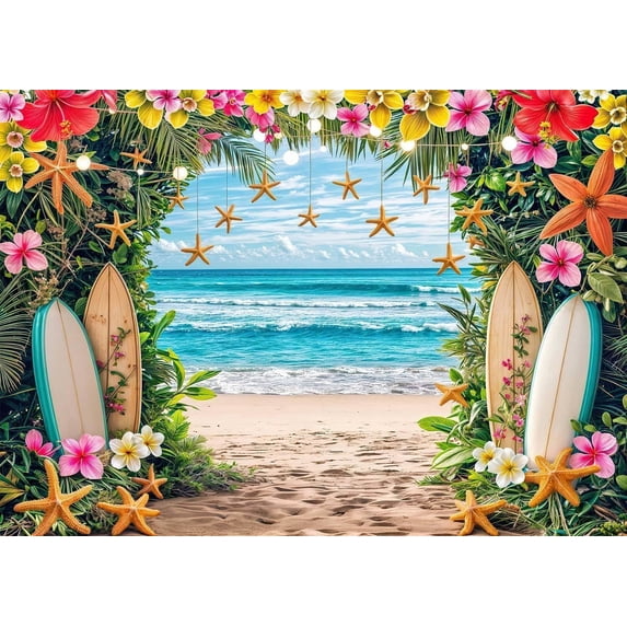Summer Hawaiian Beach Backdrop Tropical Flower Flamingo Palm Leaves Surfboard Backbrops Photography Background for Aloha Luau Theme Party Decorations Banner Photo Props 8X6ft