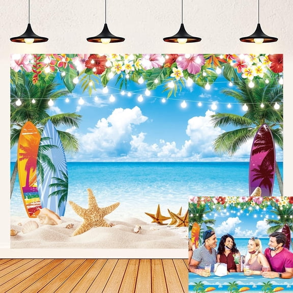 Summer Hawaiian Beach Backdrop Tropical Palm Flower Surfboard Starfish Glitter Beach Background Aloha Luau Hawaiian Baby Shower Party Decorations Banner Photo Booth Props