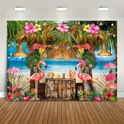 Summer Hawaiian Beach Backdrop Tropical Tiki Bar Luau Party Background Photography Palm Leaves Aloha Flamingo Floral Banner for Ocean Beach Wedding Baby Shower Party Decoration Photo Booth Props
