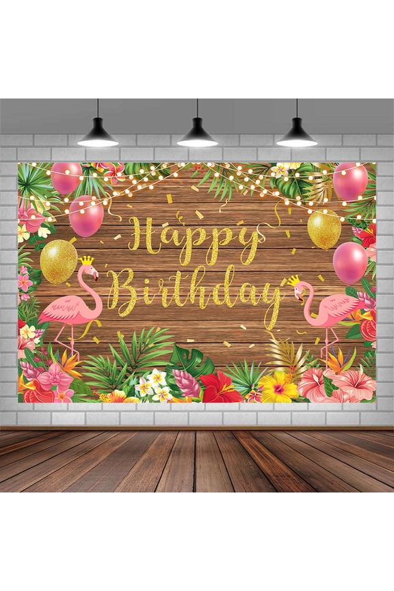 Summer Hawaiian Beach Photography Backdrop,Happy Birthday Background Backdrop,Tropical Flower Palm Leaves Wooden Background Aloha Luau Decorations Photo Banner 5X3FT