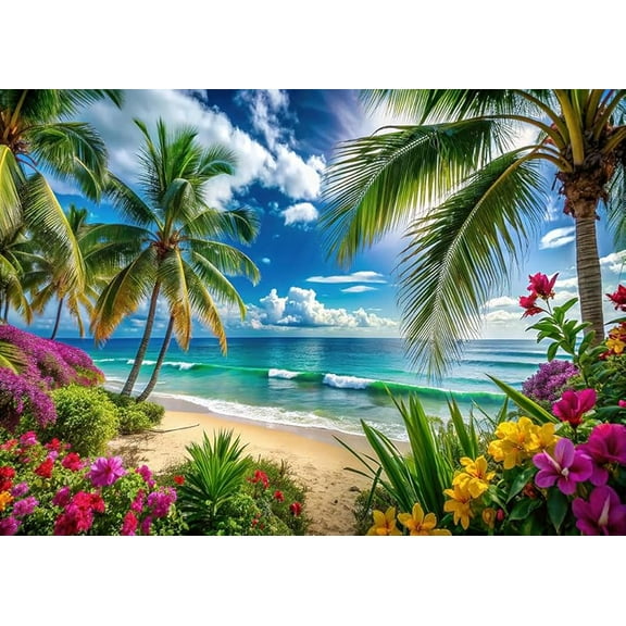 Summer Hawaiian Beach Photography Backdrop Tropical Flower Palm Leaves Background for Luau Aloha Party Decoration Banner Photo Booths