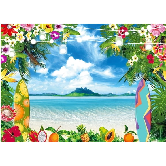 Summer Hawaiian Beach Photography Backdrop, Tropical Flower and Palm Leaves Surfboard Background, Aloha Luau Decorations Photo Banner, 7x5 Ft