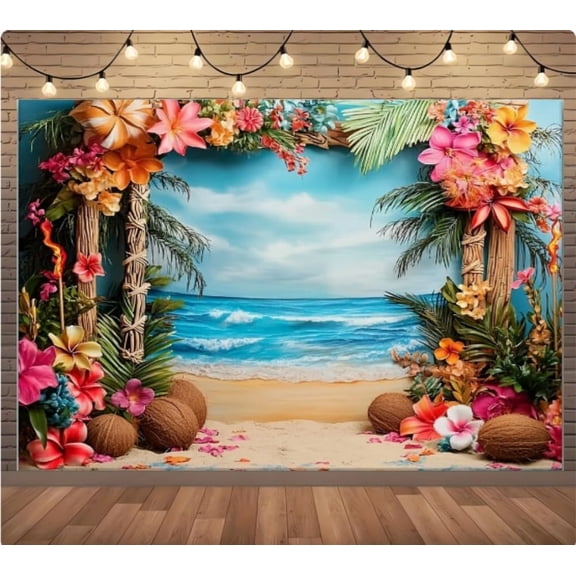 Summer Hawaiian Beach Scene Backdrop Tropical Flower Coconut Tree Background Ocean Wave Luau Aloha Birthday Party Decorations Banner Supplies Photo Booth Props