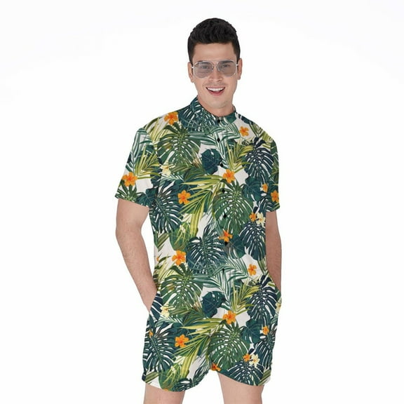 Summer Hawaiian Leaves Pattern Short Sleeve Men'S Rompers, Aloha Tropical Hawaiian Casual Summer Jumpsuits Outfit