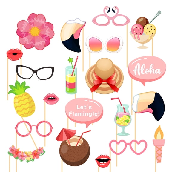 Summer-Hawaiian Luau Beach Party-Decorations Photo Booth -16Pcs DIY Props,Tropical Aloha Flamingo Glasses Photography Decor, Kid Adult Beach Tiki Birthday Baby Shower Favors Supplies