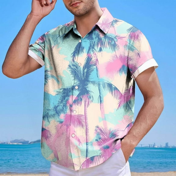 Summer Hawaiian Shirt for Men, Short Sleeve Tshirts Tredy Graphic Tops Lapel Collar Top Blouses Loose Plus Size Outfit Fashion Button Down Shirts