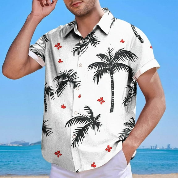 Summer Hawaiian Shirt for Men, Short Sleeve Tshirts Tredy Graphic Tops Lapel Collar Top Blouses Loose Plus Size Outfit Fashion Button Down Shirts