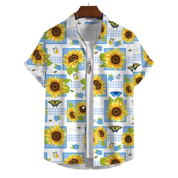 Summer Hawaiian Shirts Men's Shirts Sunflower Print Shirts for Men Lapel Short Sleeve Men's Clothing Loose Oversized Tops