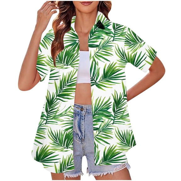Summer Hawaiian Shirts for Women Basic Collared Tee Shirt Coconut Palm Hawaii Style Tunic Blouses Button Down Short Sleeve Blouses Beach Shirt Tropical Shirts Loose Flowy Vacation Clothes