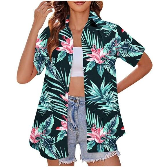 Summer Hawaiian Shirts for Women Basic Collared Tee Shirt Coconut Palm Hawaii Style Tunic Blouses Button Down Short Sleeve Blouses Beach Shirt Tropical Shirts Loose Flowy Vacation Clothes