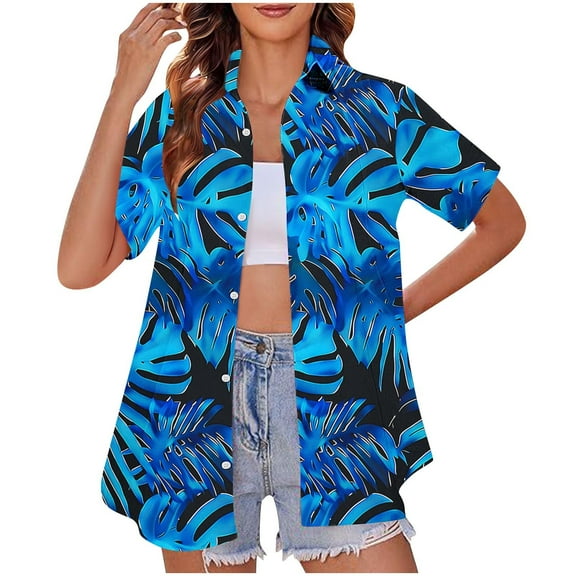 Summer Hawaiian Shirts for Women Basic Collared Tee Shirt Coconut Palm Hawaii Style Tunic Blouses Button Down Short Sleeve Blouses Beach Shirt Tropical Shirts Loose Flowy Vacation Clothes