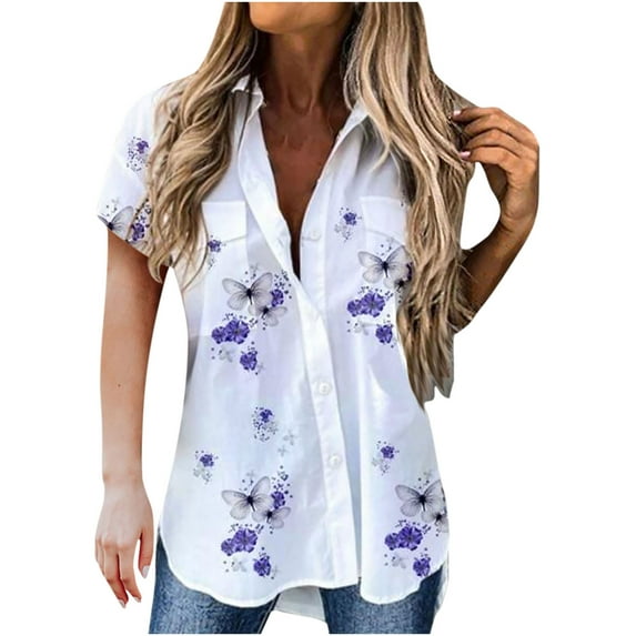 Summer Hawaiian Shirts for Women Button Up High Low Casual Blouse Short Sleeves Beach Pockets T-Shirt Side Slit Tunic Tops