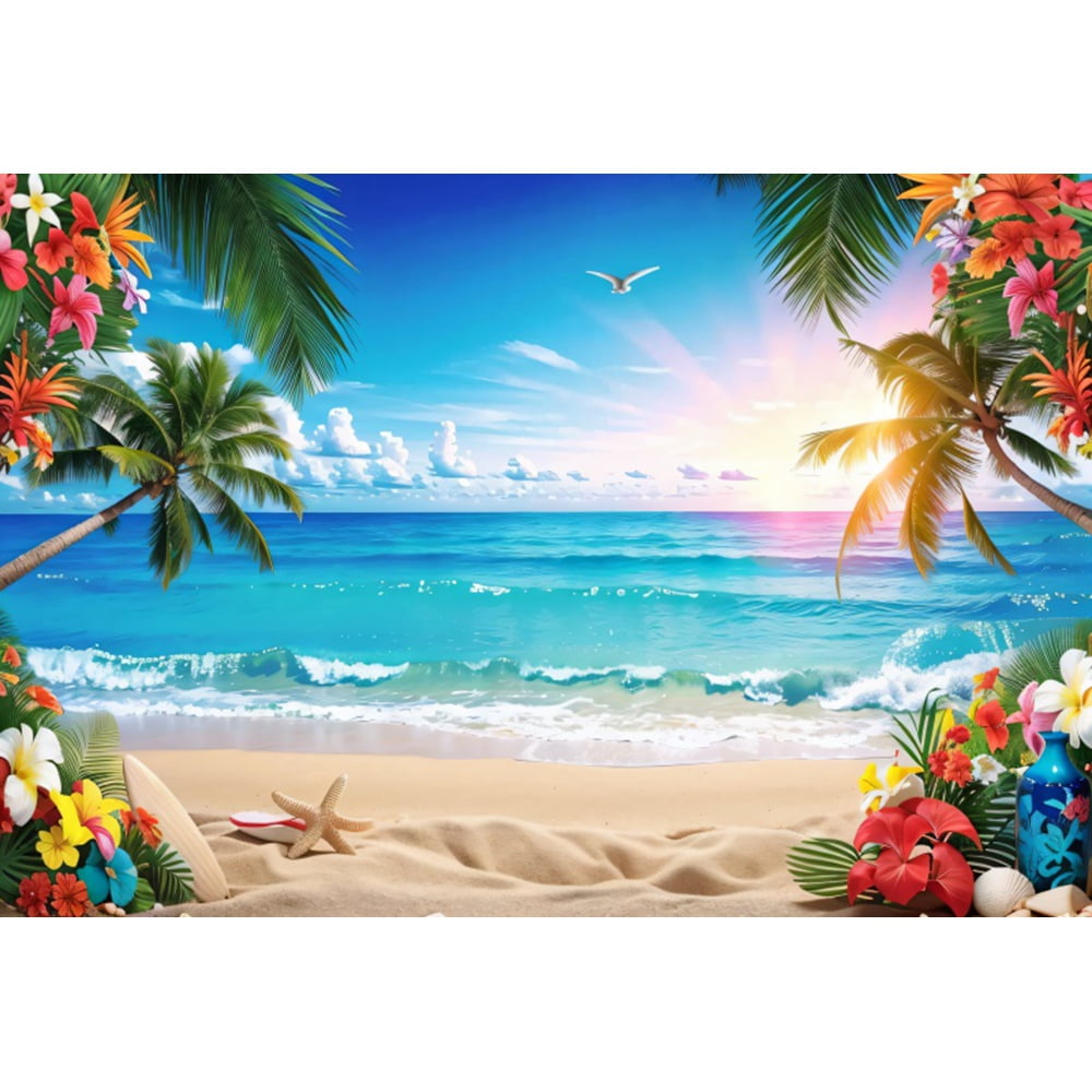 Tropical Hawaiian Beach Backdrop For Photography 8X6FT Seaside Sand Beach Backdrops Jungle Ocean Surfboard Floral Background For Baby Shower Birthday - View #2