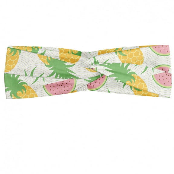Summer Headband, Pineapples and Watermelons Doodles on a Dotted Scales Background, Elastic and Soft Women's Bandana for Sports and Everyday Use, Grey Red Coconut, by Ambesonne