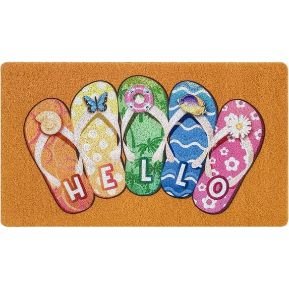 Summer Hello Flip Flops Coir Door Mat for Front Door, Nautical Beach Slippers Outdoor Welcome Mats for Entrance,Garden,RV,Patio,Home Porch Decor Doormat 30x17 Inch